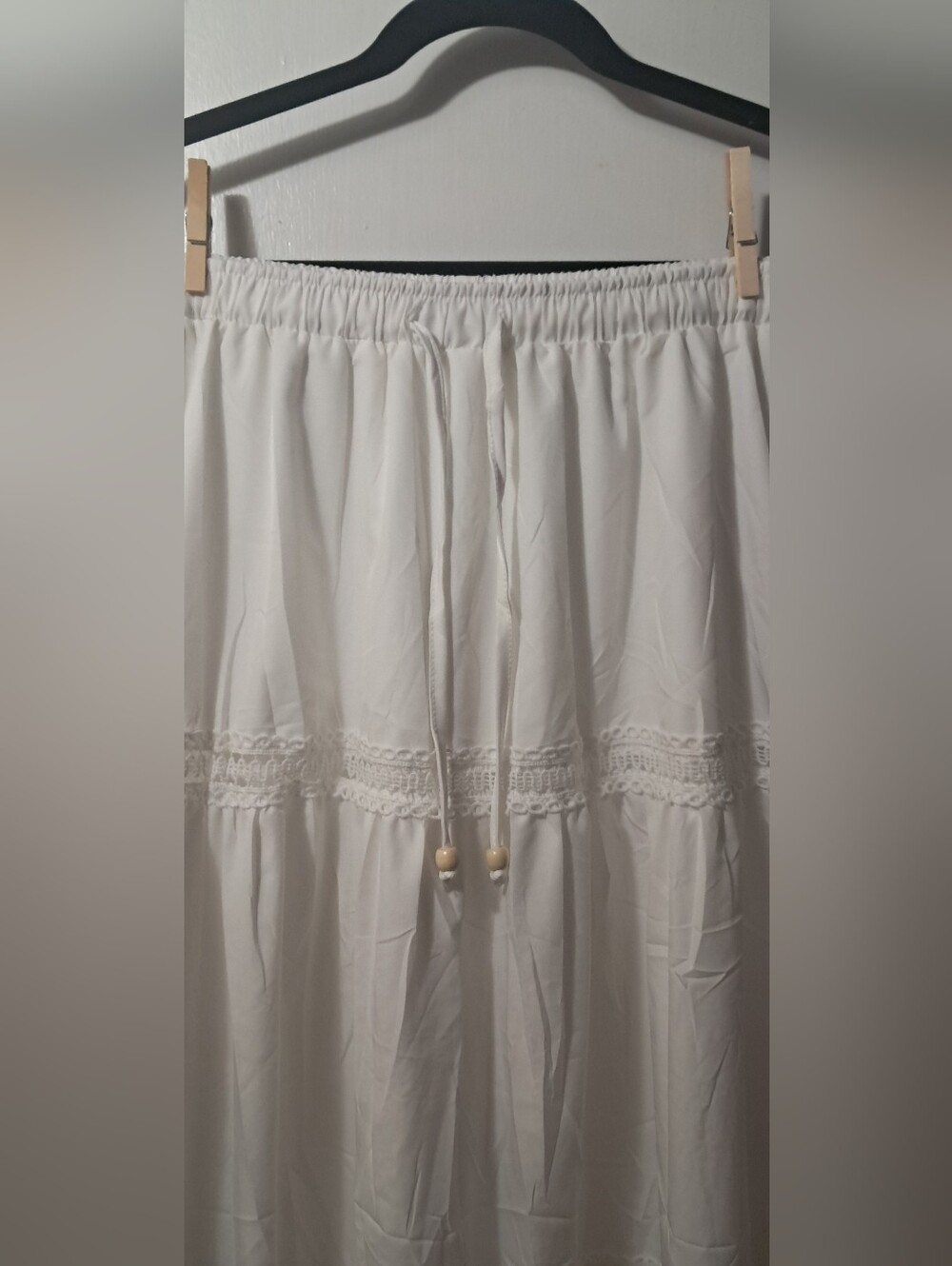 White Drawstring Waist Tiered Midi/Maxi Skirt With Lace & Beaded Details - Picture 3 of 5